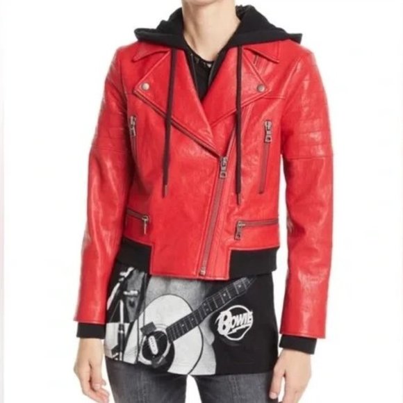 Alice + Olivia Jackets & Blazers - Alice + Olivia Red Lamb Leather Jacket with Attached Hood Size M